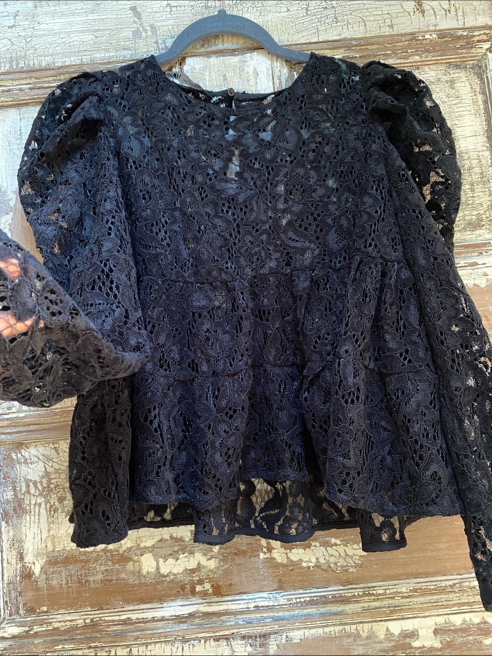 Zara Black Floral Lace Puff-Sleeve Empire Waist Peplum Top, Size Small - Picture 6 of 13